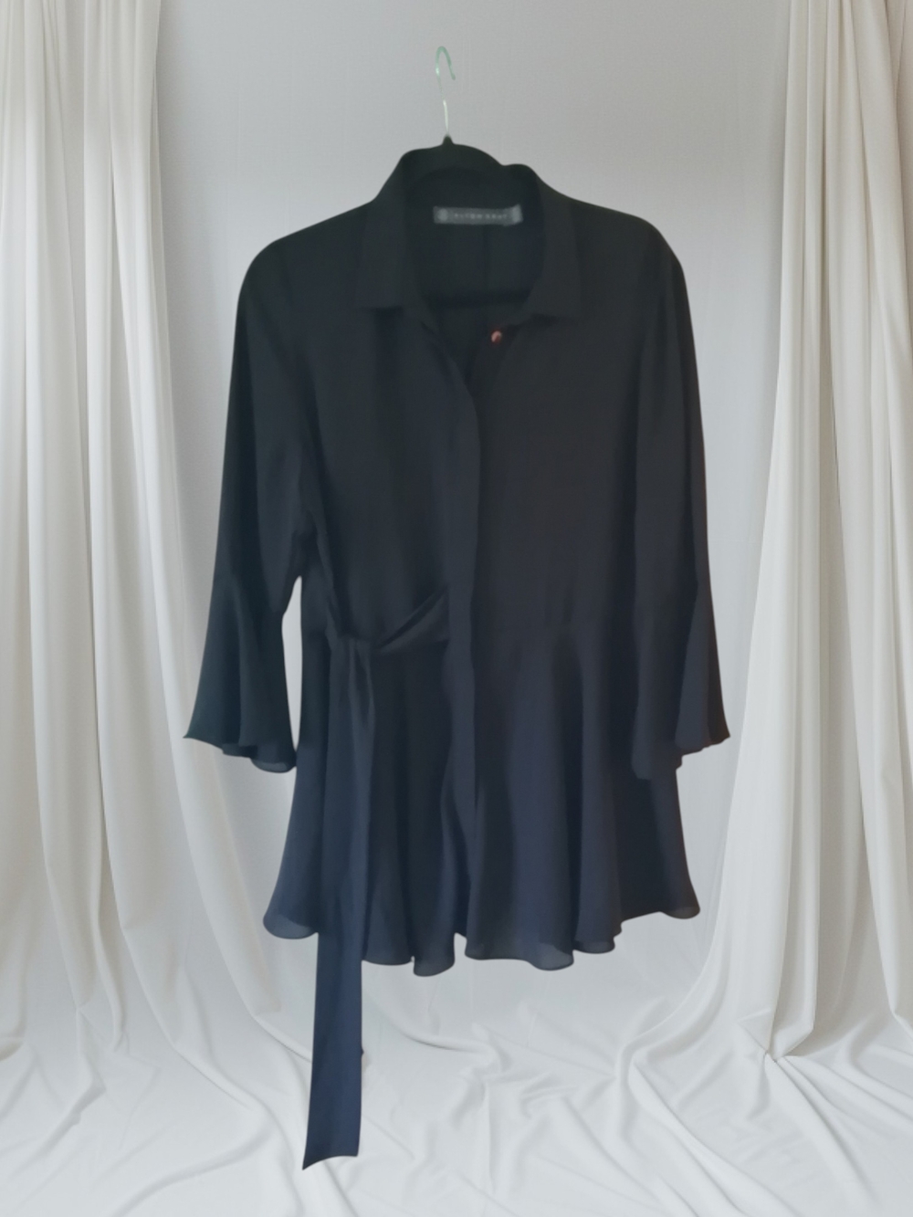 Women's Black Tie-Waist Flowing Blouse with Shirt Collar